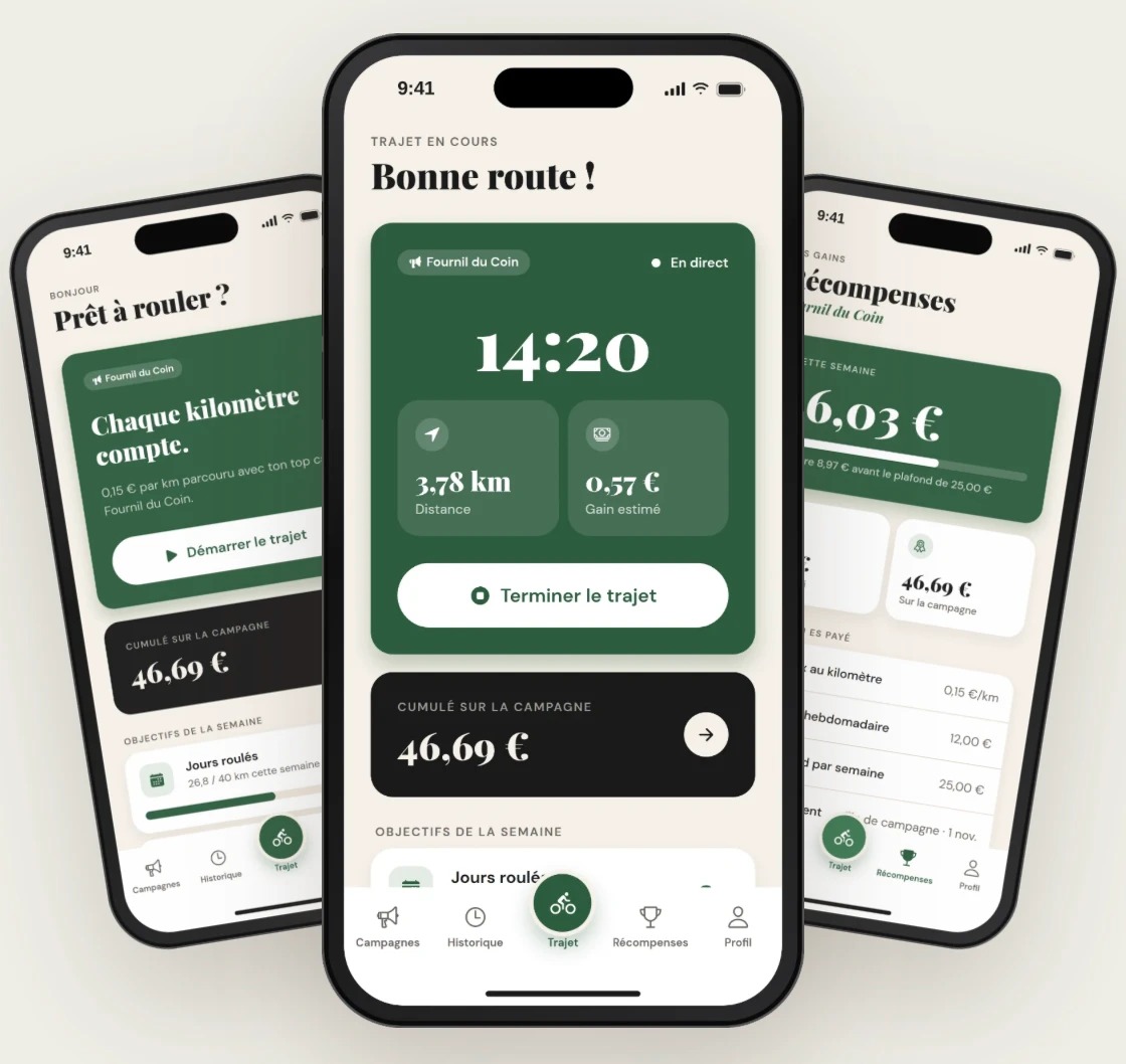 Application mobile Beeclou : trajet en cours, gains et récompenses