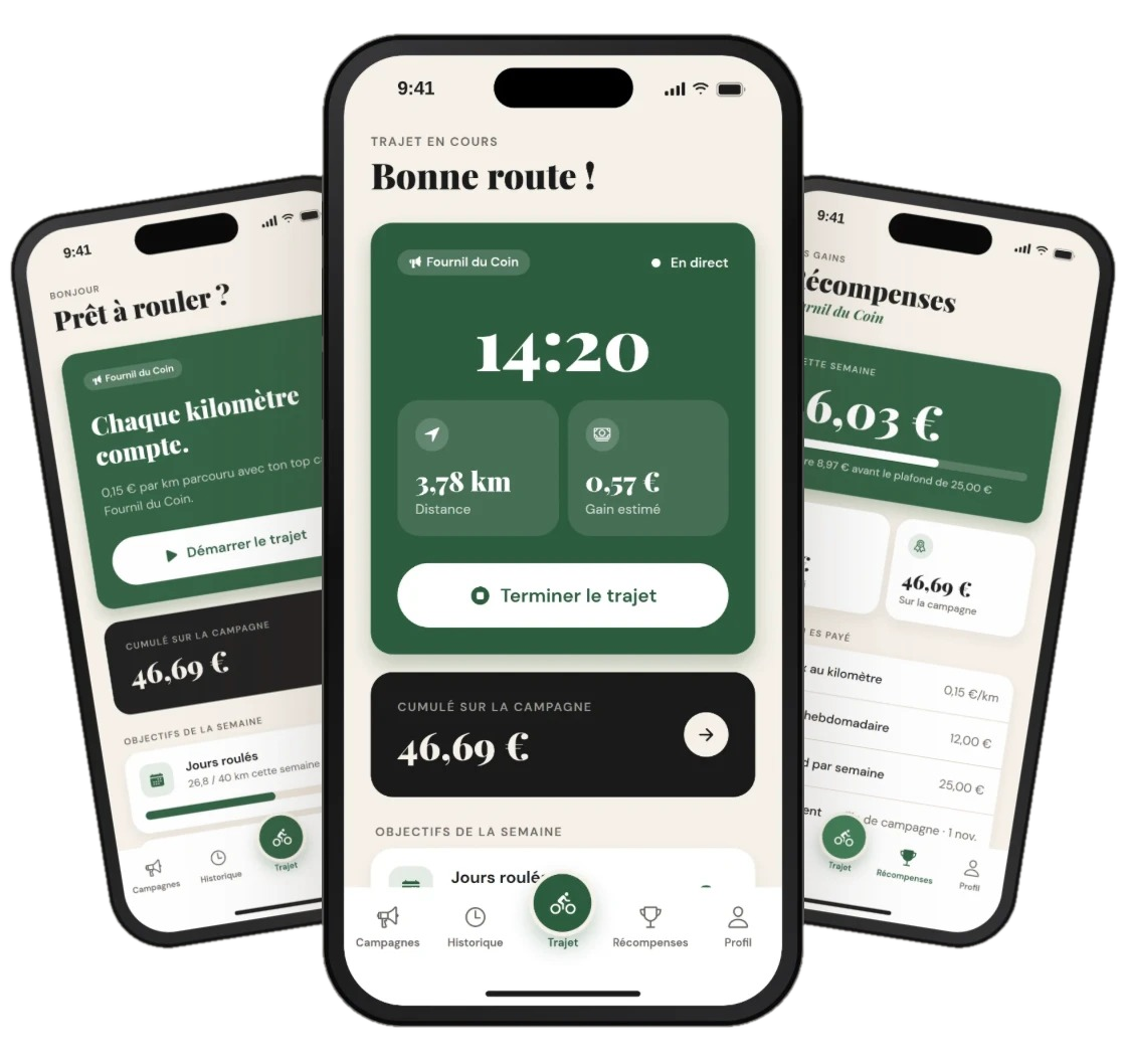 Aperçu de l'application Beeclou, bientôt disponible : trajet en cours, historique et récompenses